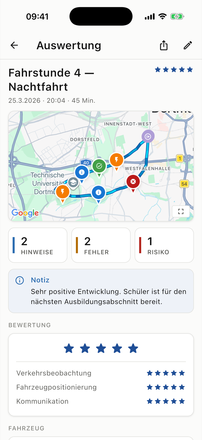 Beispiel einer Fahrstundenauswertung mit Route, Lernmarkierungen und Stundenhinweis