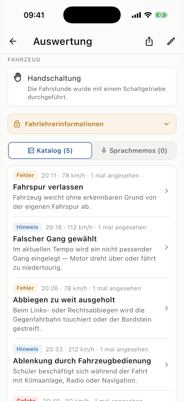 Dokumentierte Fehler mit Erklärung, Zeitpunkt und Schweregrad