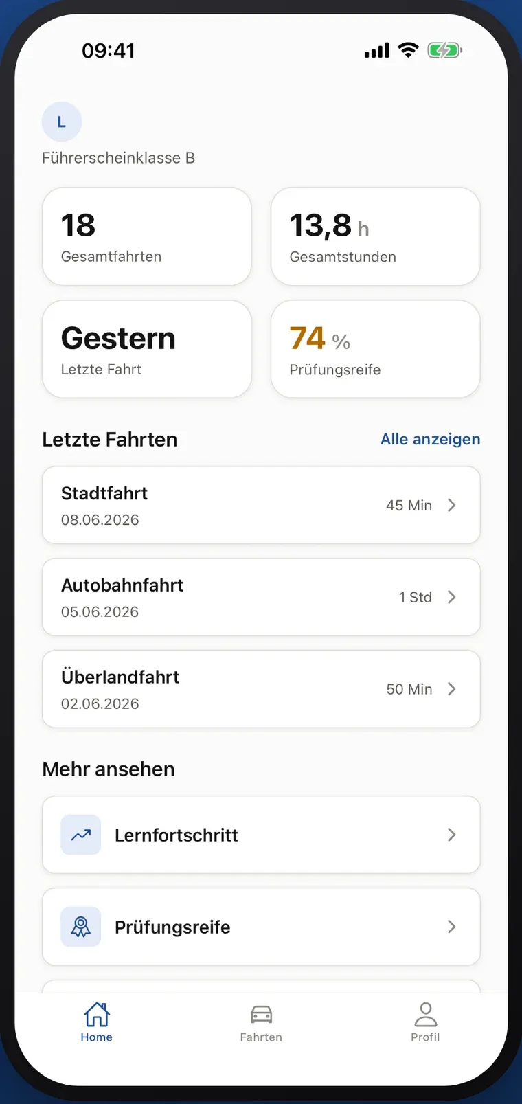 Family-Beispielübersicht mit dokumentierten Fahrstunden und Fahrfortschritt