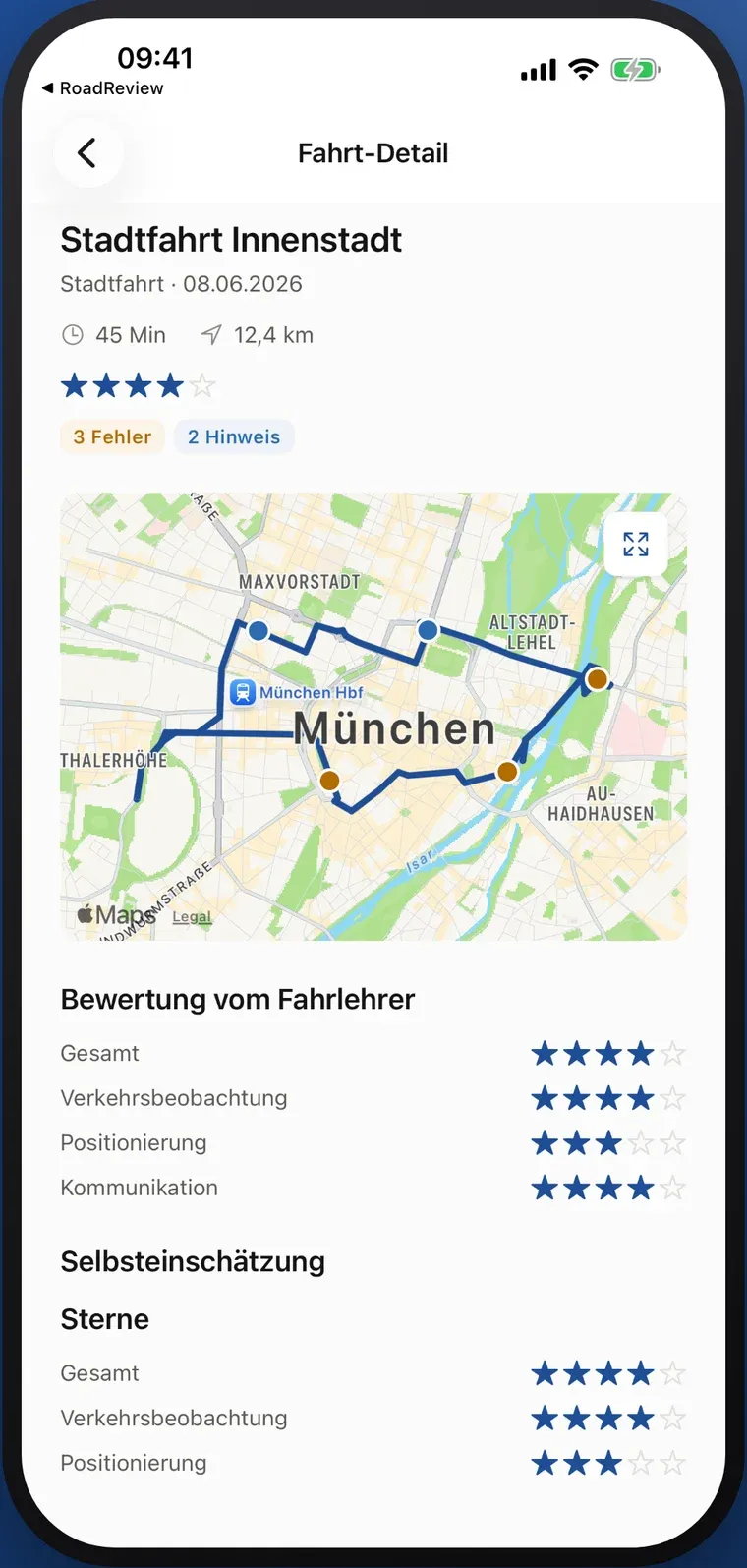Family example lesson: route, recorded situations, instructor rating and self-assessment, in German