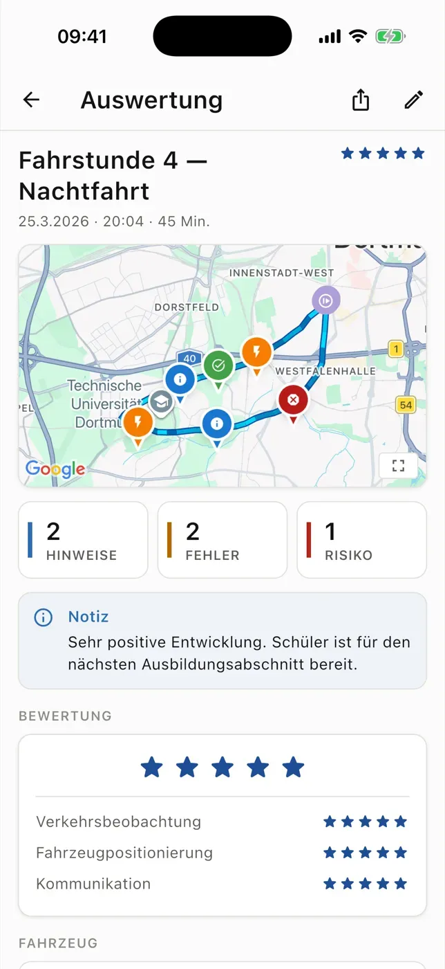 RoadReview-App: Fahrstunden-Auswertung mit Karte, Markierungen, Notiz und Bewertung