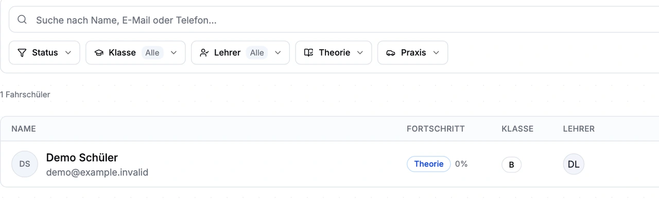 Student list of the management beta: search, filters for status, class, instructor, theory and practice, and one demo student row. Fictional data, German interface.