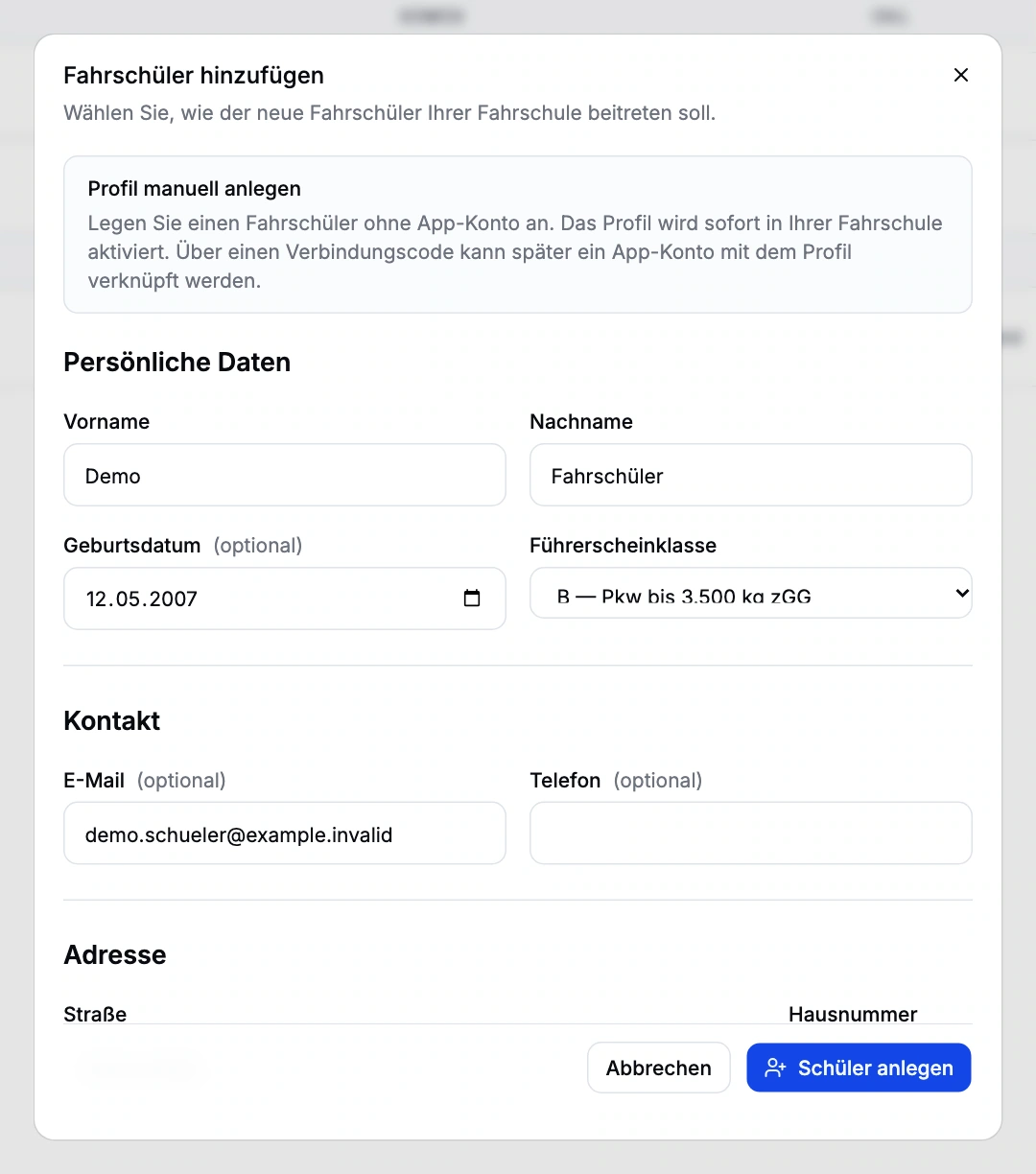 Manual intake form with fictional personal details and licence category B.